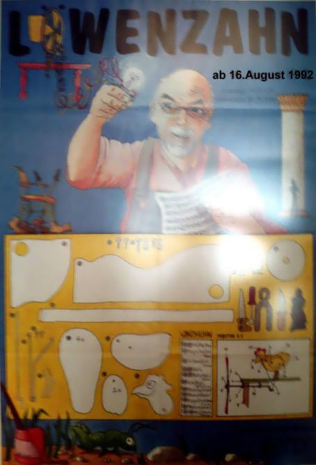 Löwenzahn Werbeposter Peter Lustig und ein Wetterhahn gezeichnet